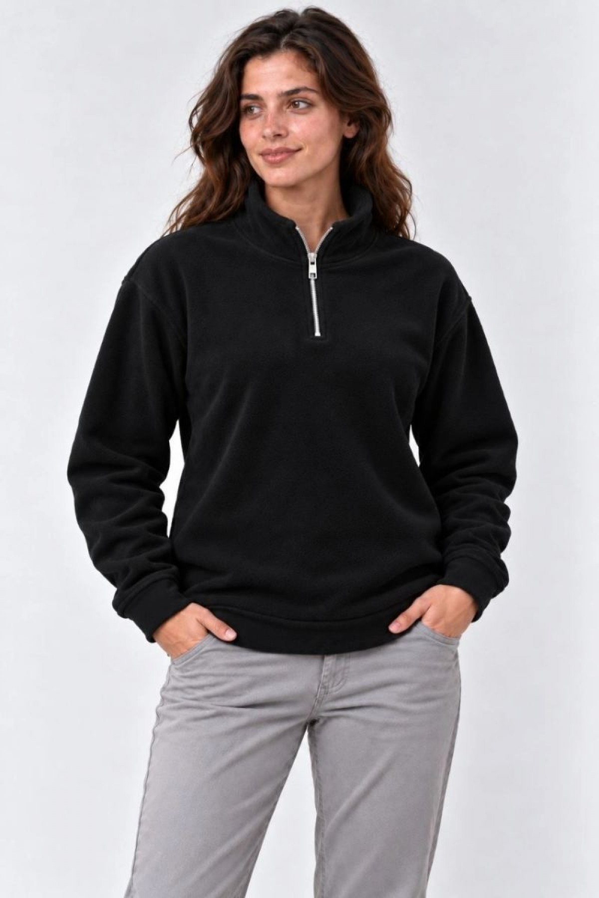 Kadın Polar Dik Yaka Yarım Fermuarlı Uzun Kollu Regular Fit Kışlık Sweatshirt - Siyah