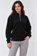 Kadın Polar Dik Yaka Yarım Fermuarlı Uzun Kollu Regular Fit Kışlık Sweatshirt - Siyah