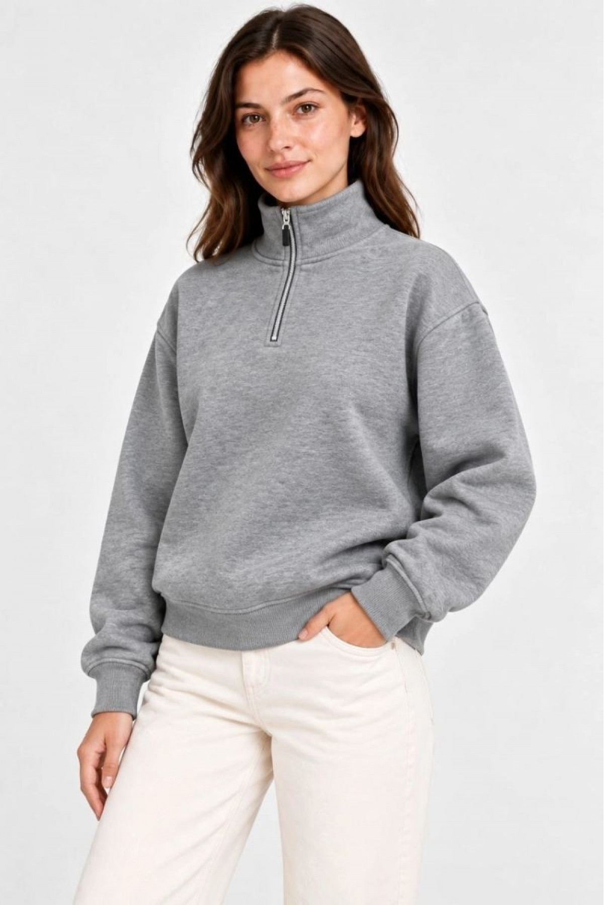 Kadın Üç İplik İçi Şardonlu Dik Yaka Yarım Fermuarlı Kışlık Sweatshirt - Grİ