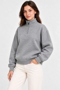 Kadın Üç İplik İçi Şardonlu Dik Yaka Yarım Fermuarlı Kışlık Sweatshirt - Grİ