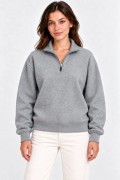 Kadın Üç İplik İçi Şardonlu Dik Yaka Yarım Fermuarlı Kışlık Sweatshirt - Grİ
