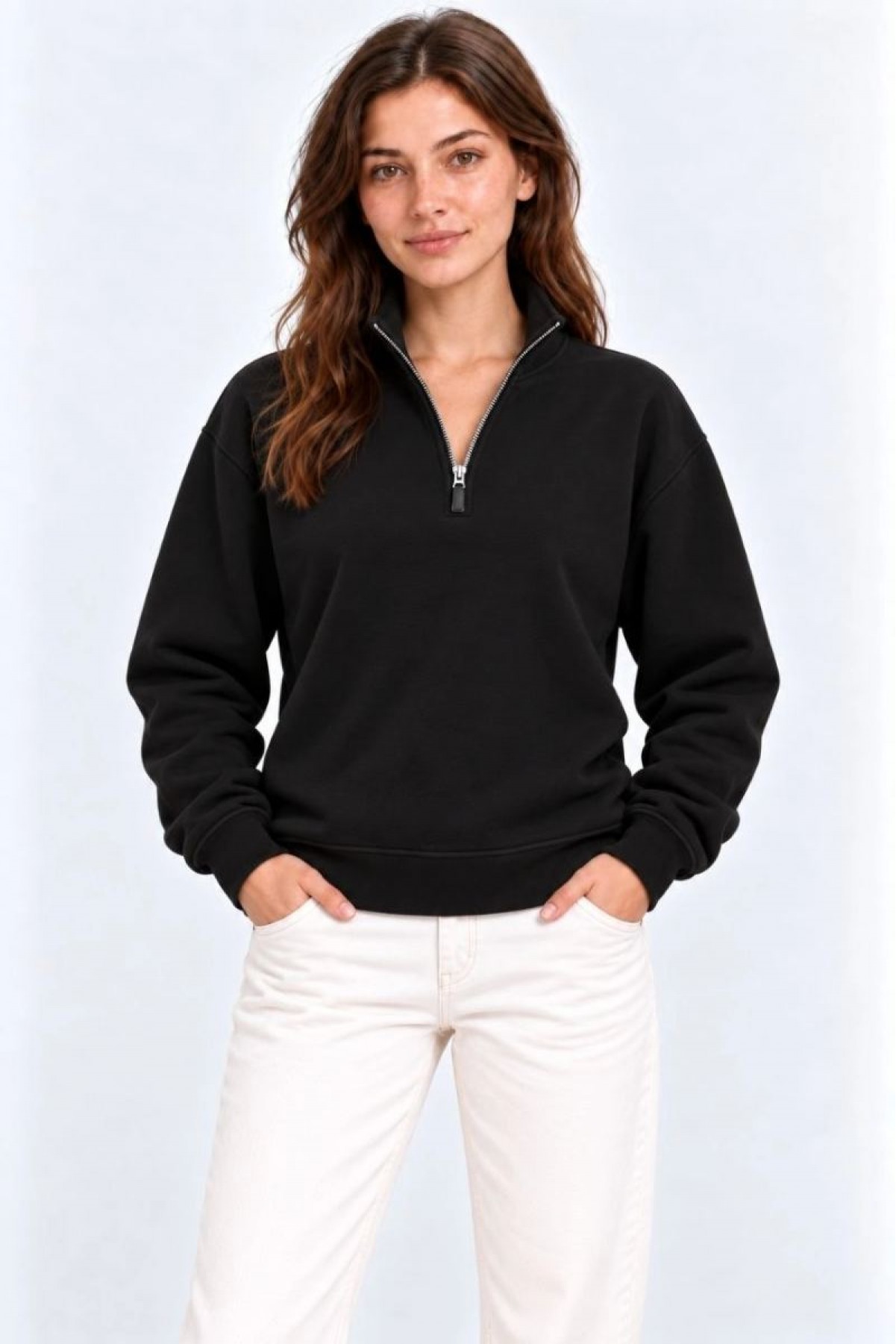 Kadın Üç İplik İçi Şardonlu Dik Yaka Yarım Fermuarlı Kışlık Sweatshirt - Siyah