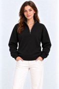 Kadın Üç İplik İçi Şardonlu Dik Yaka Yarım Fermuarlı Kışlık Sweatshirt - Siyah