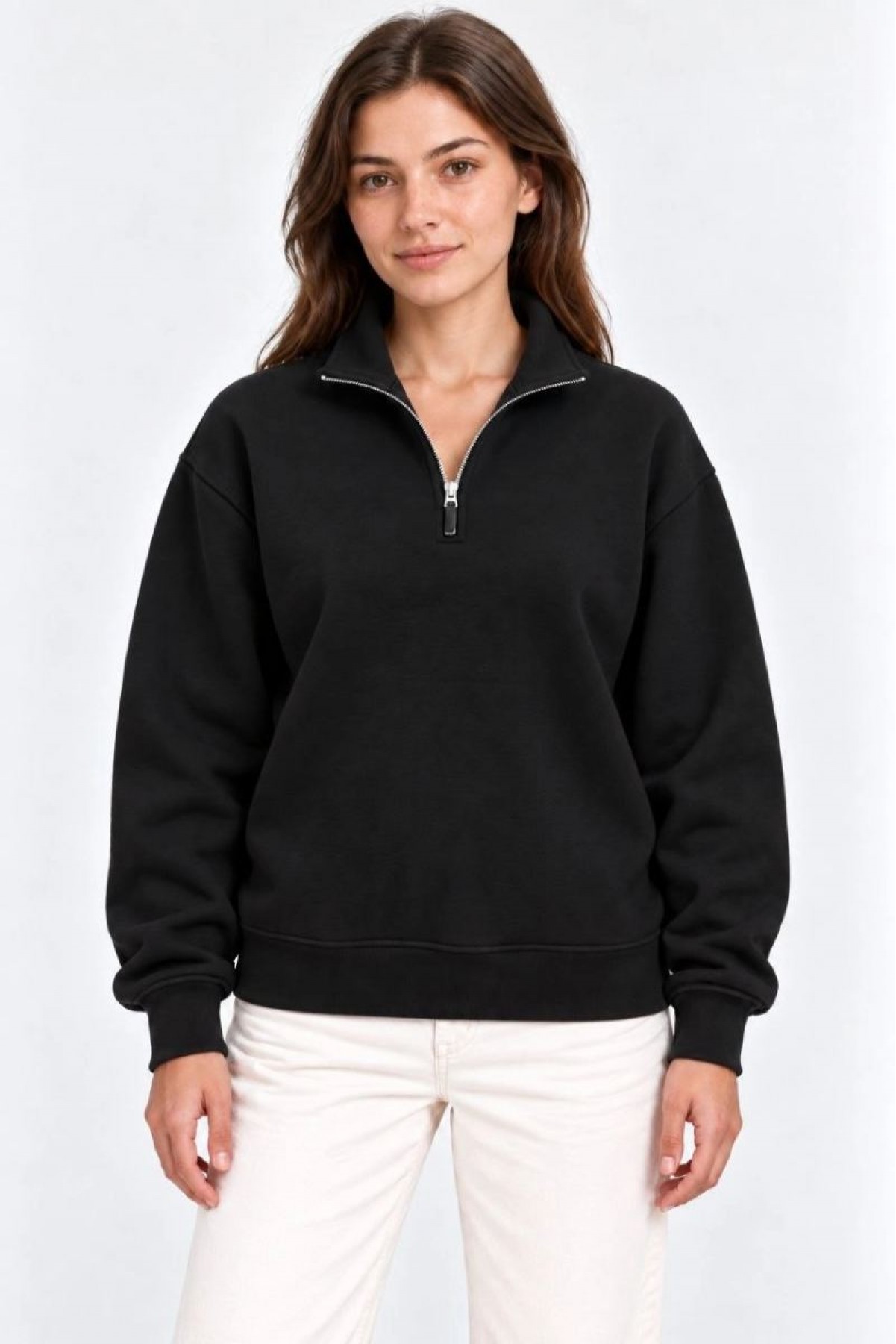 Kadın Üç İplik İçi Şardonlu Dik Yaka Yarım Fermuarlı Kışlık Sweatshirt - Siyah