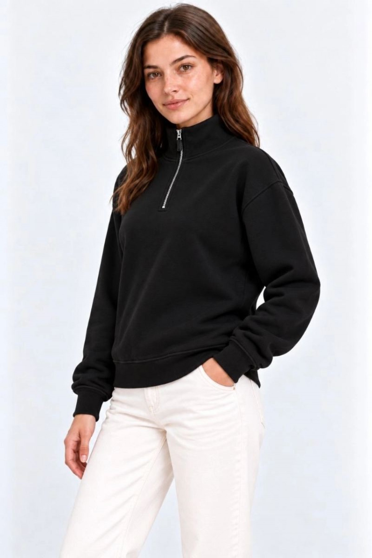 Kadın Üç İplik İçi Şardonlu Dik Yaka Yarım Fermuarlı Kışlık Sweatshirt - Siyah
