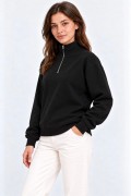 Kadın Üç İplik İçi Şardonlu Dik Yaka Yarım Fermuarlı Kışlık Sweatshirt - Siyah