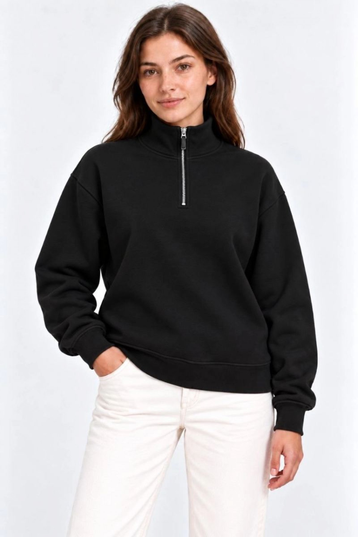 Kadın Üç İplik İçi Şardonlu Dik Yaka Yarım Fermuarlı Kışlık Sweatshirt - Siyah