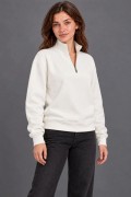 Kadın Üç İplik İçi Şardonlu Dik Yaka Yarım Fermuarlı Kışlık Sweatshirt - Beyaz