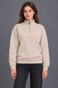 Kadın Üç İplik İçi Şardonlu Dik Yaka Yarım Fermuarlı Kışlık Sweatshirt - Bej