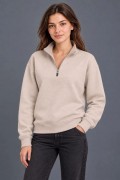 Kadın Üç İplik İçi Şardonlu Dik Yaka Yarım Fermuarlı Kışlık Sweatshirt - Bej