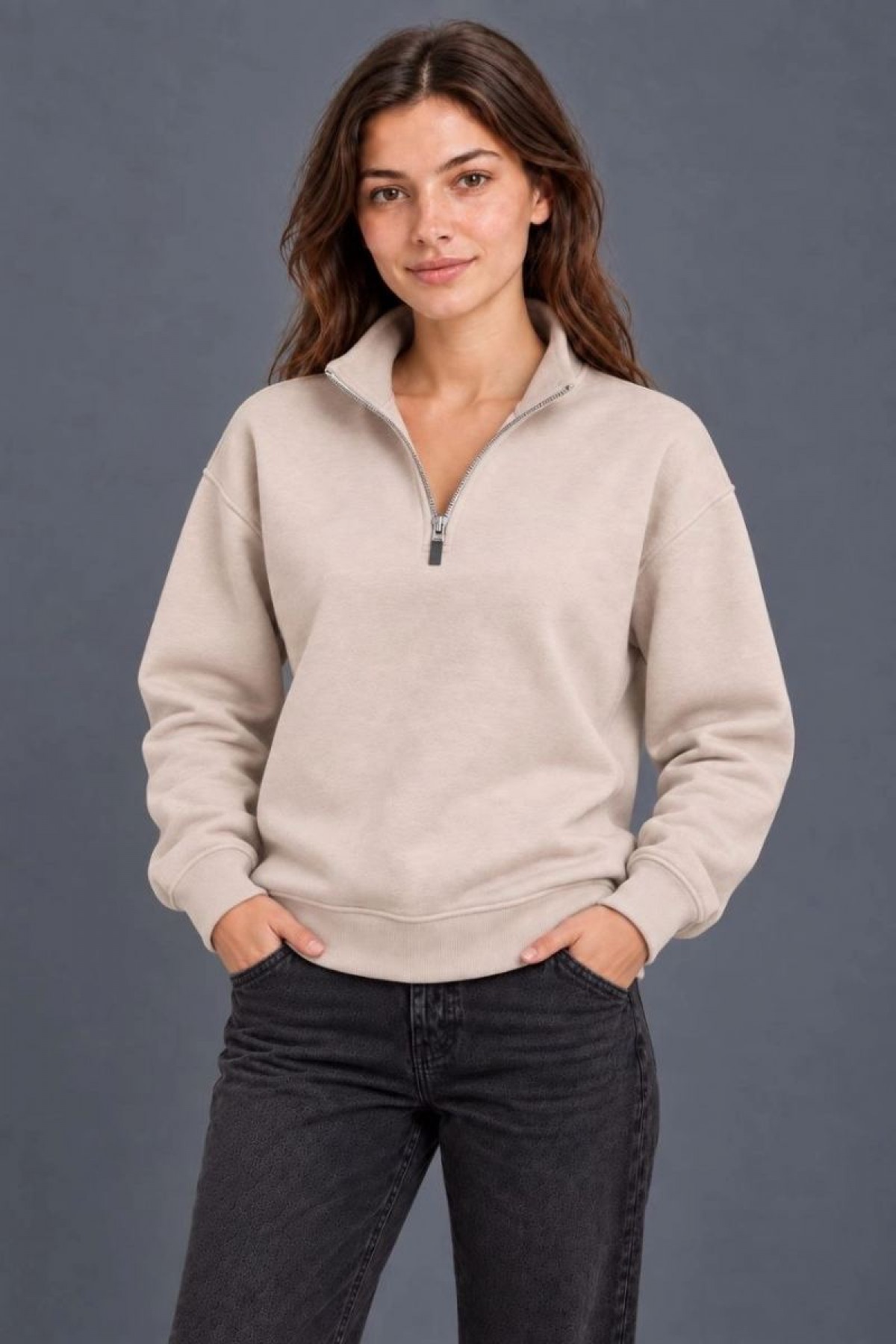 Kadın Üç İplik İçi Şardonlu Dik Yaka Yarım Fermuarlı Kışlık Sweatshirt - Bej