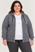 Kadın Battal Büyük Beden Üç İplik İçi Şardonlu Kapüşonlu Tam Fermuarlı Kışlık Sweatshirt - Füme