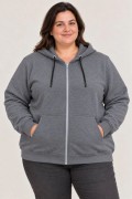 Kadın Battal Büyük Beden Üç İplik İçi Şardonlu Kapüşonlu Tam Fermuarlı Kışlık Sweatshirt - Füme