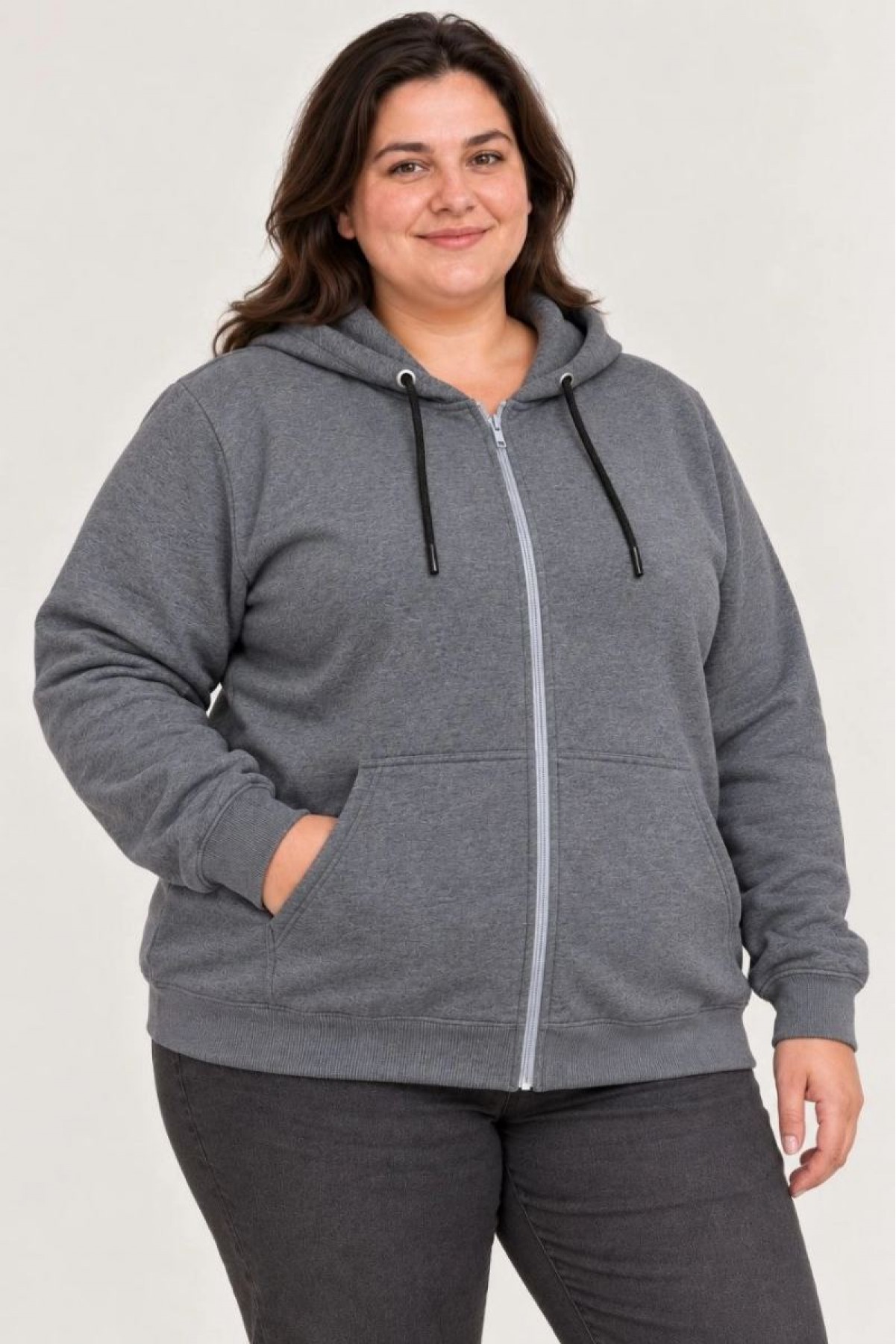 Kadın Battal Büyük Beden Üç İplik İçi Şardonlu Kapüşonlu Tam Fermuarlı Kışlık Sweatshirt - Füme