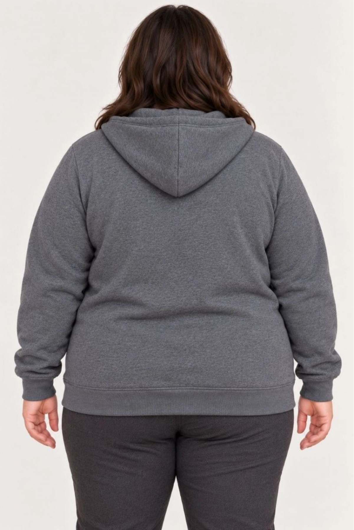 Kadın Battal Büyük Beden Üç İplik İçi Şardonlu Kapüşonlu Tam Fermuarlı Kışlık Sweatshirt - Füme