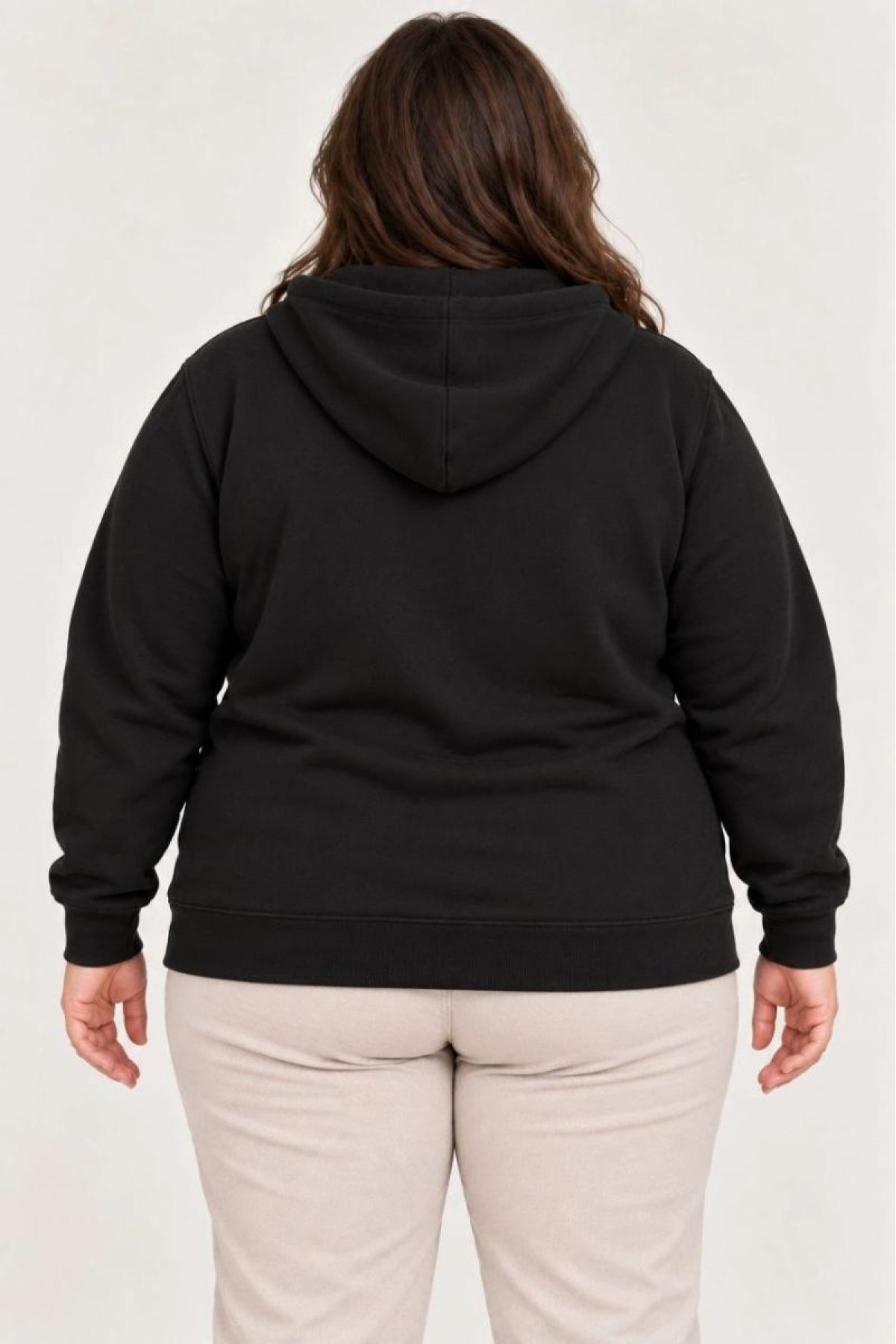 Kadın Battal Büyük Beden Üç İplik İçi Şardonlu Kapüşonlu Tam Fermuarlı Kışlık Sweatshirt - Siyah