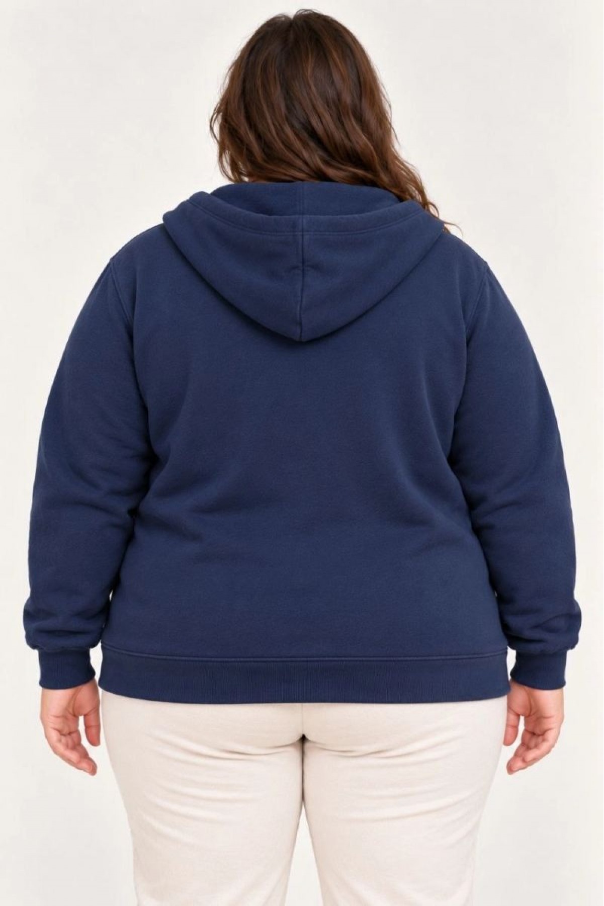 Kadın Battal Büyük Beden Üç İplik İçi Şardonlu Kapüşonlu Tam Fermuarlı Kışlık Sweatshirt - Lacivert