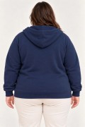 Kadın Battal Büyük Beden Üç İplik İçi Şardonlu Kapüşonlu Tam Fermuarlı Kışlık Sweatshirt - Lacivert