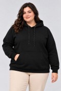 Kadın Battal Büyük Beden Üç İplik İçi Şardonlu Kapüşonlu Kanguru Cepli Kışlık Sweatshirt - Siyah
