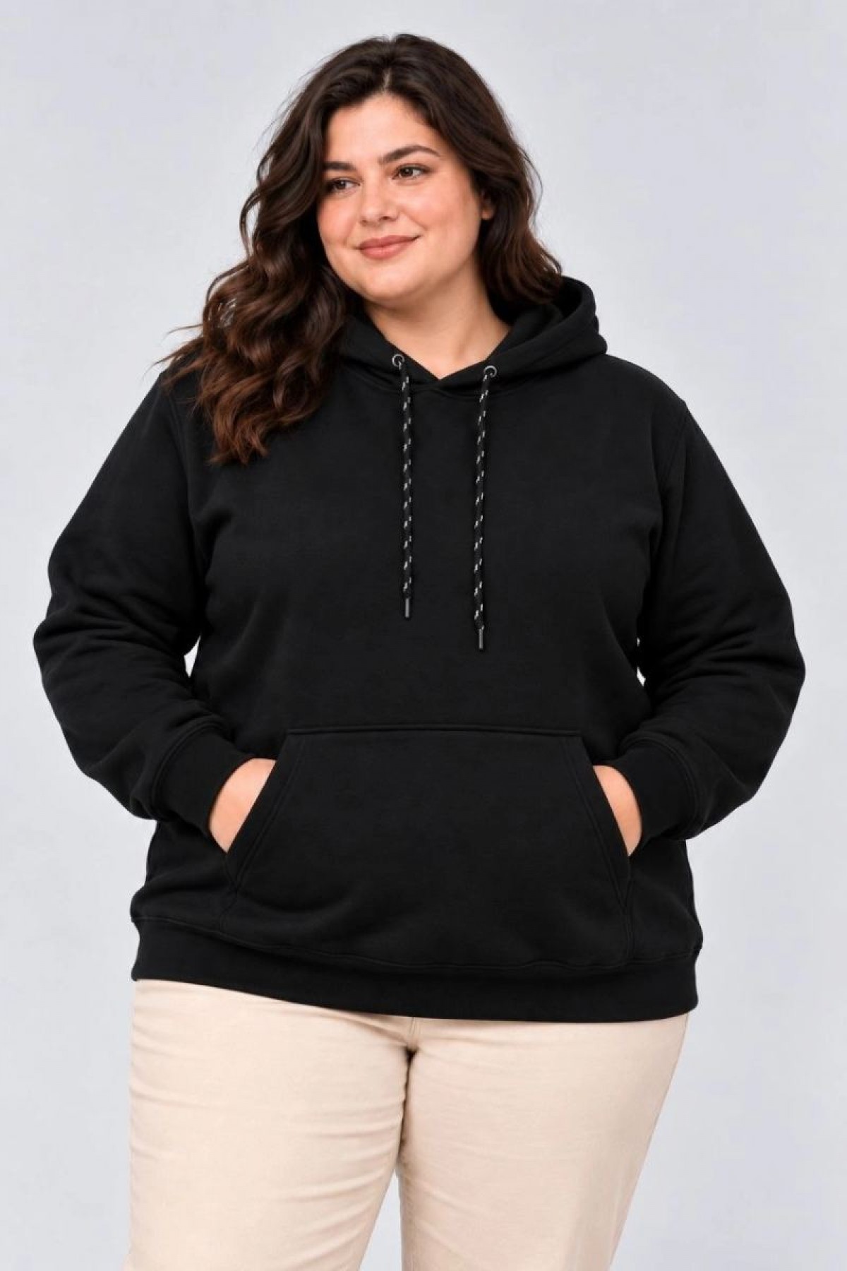 Kadın Battal Büyük Beden Üç İplik İçi Şardonlu Kapüşonlu Kanguru Cepli Kışlık Sweatshirt - Siyah