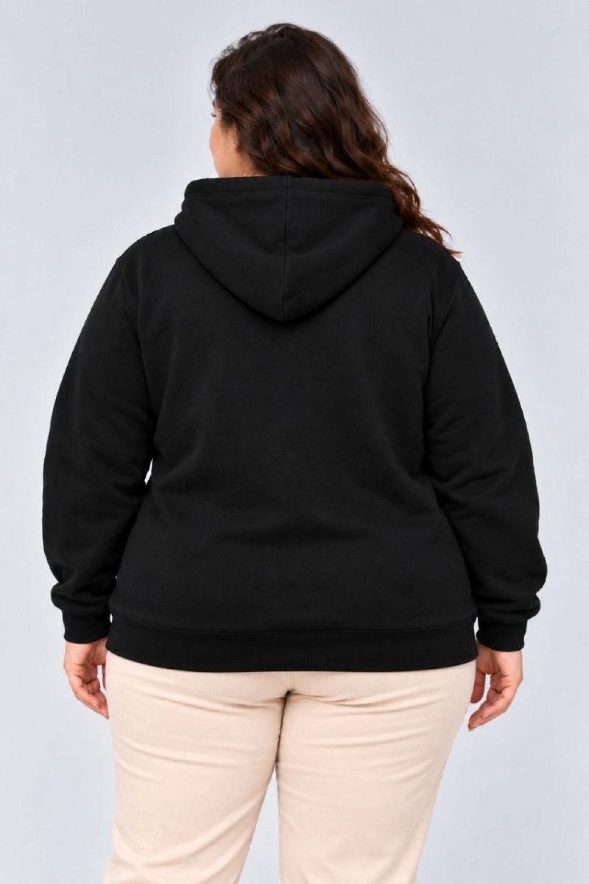 Kadın Battal Büyük Beden Üç İplik İçi Şardonlu Kapüşonlu Kanguru Cepli Kışlık Sweatshirt - Siyah
