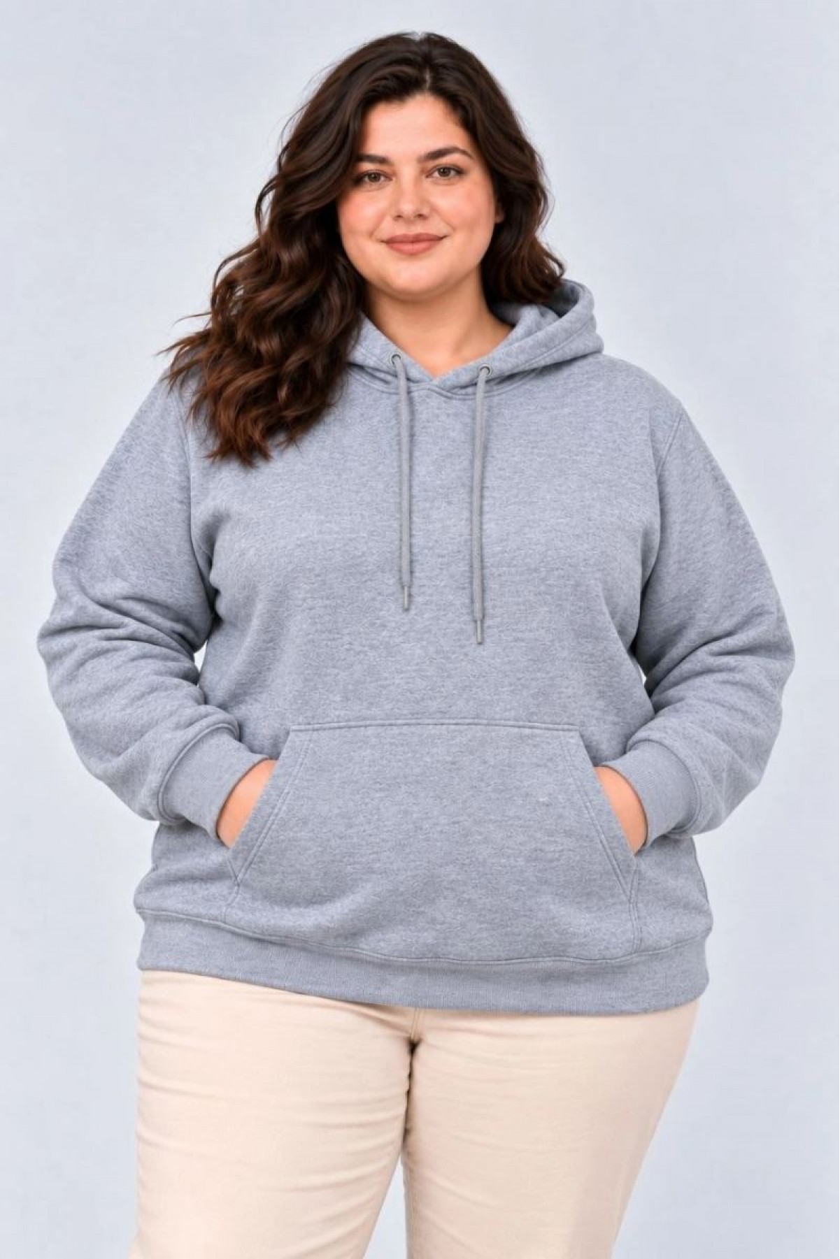 Kadın Battal Büyük Beden Üç İplik İçi Şardonlu Kapüşonlu Kanguru Cepli Kışlık Sweatshirt - Gri