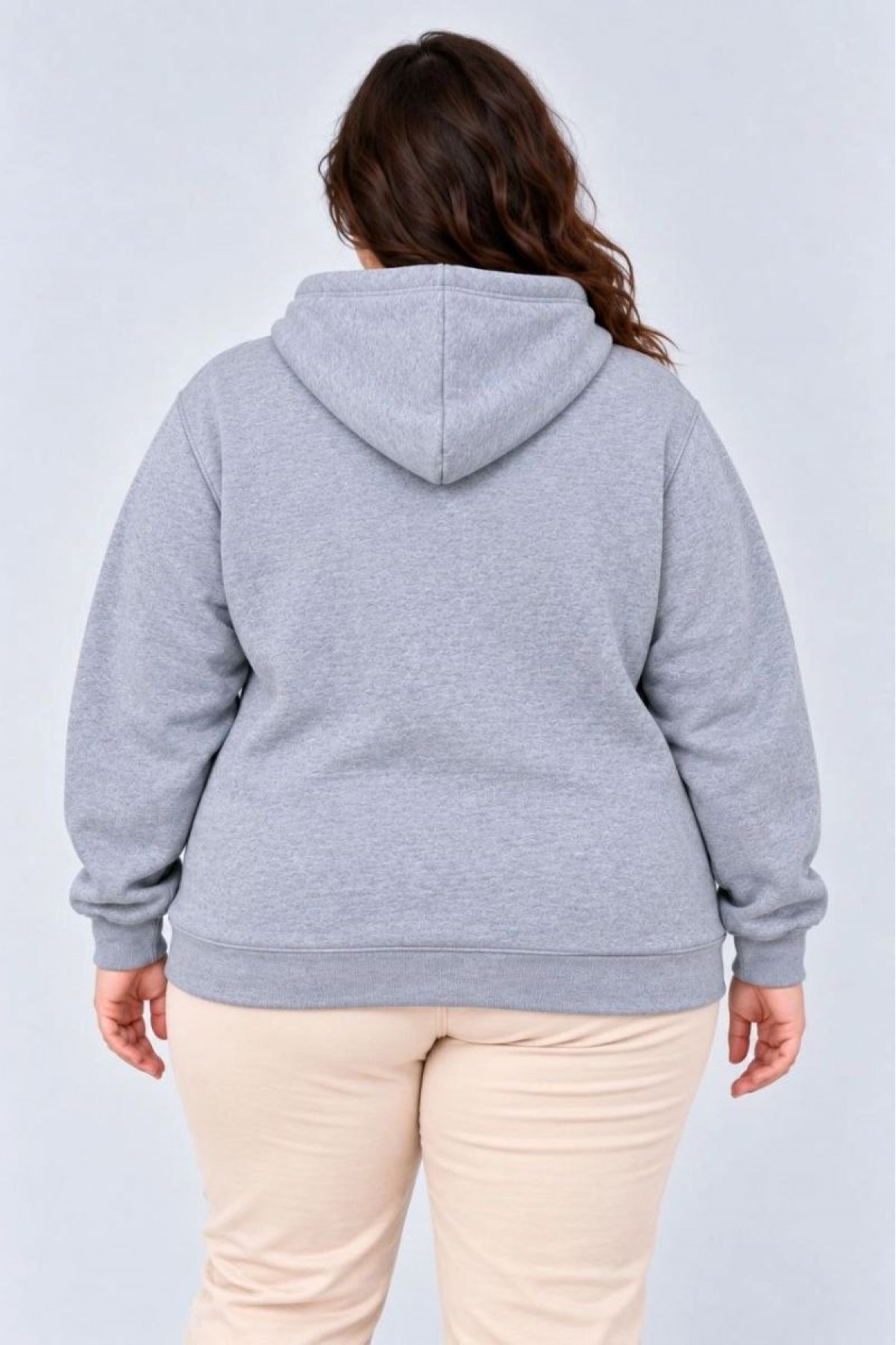 Kadın Battal Büyük Beden Üç İplik İçi Şardonlu Kapüşonlu Kanguru Cepli Kışlık Sweatshirt - Gri