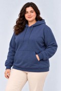 Kadın Battal Büyük Beden Üç İplik İçi Şardonlu Kapüşonlu Kanguru Cepli Kışlık Sweatshirt - Lacivert