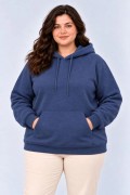 Kadın Battal Büyük Beden Üç İplik İçi Şardonlu Kapüşonlu Kanguru Cepli Kışlık Sweatshirt - Lacivert