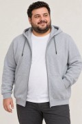Erkek Battal Büyük Beden Üç İplik İçi Şardonlu Kapüşonlu Tam Fermuarlı Kışlık Sweatshirt - Gri