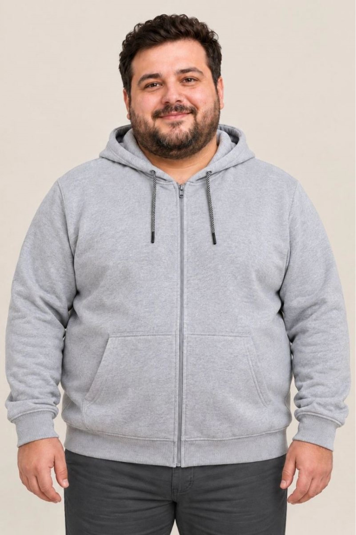 Erkek Battal Büyük Beden Üç İplik İçi Şardonlu Kapüşonlu Tam Fermuarlı Kışlık Sweatshirt - Gri