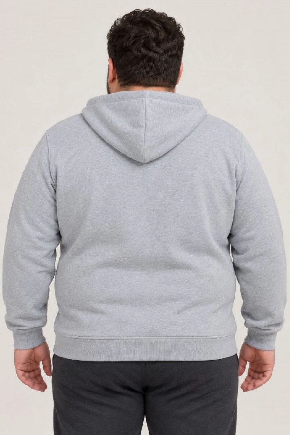 Erkek Battal Büyük Beden Üç İplik İçi Şardonlu Kapüşonlu Tam Fermuarlı Kışlık Sweatshirt - Gri