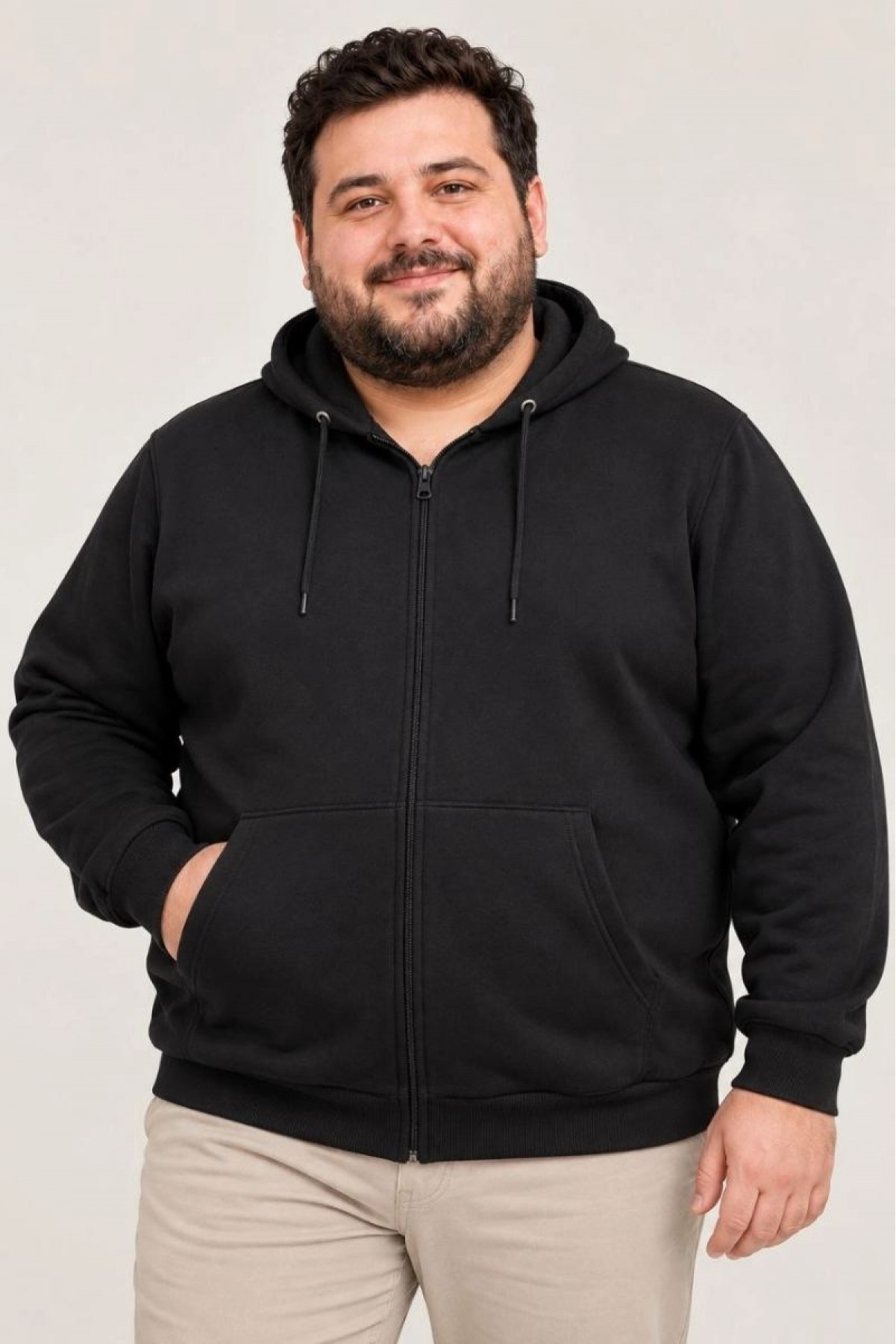 Erkek Battal Büyük Beden Üç İplik İçi Şardonlu Kapüşonlu Tam Fermuarlı Kışlık Sweatshirt - Siyah