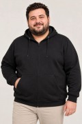Erkek Battal Büyük Beden Üç İplik İçi Şardonlu Kapüşonlu Tam Fermuarlı Kışlık Sweatshirt - Siyah