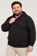 Erkek Battal Büyük Beden Üç İplik İçi Şardonlu Kapüşonlu Tam Fermuarlı Kışlık Sweatshirt - Siyah