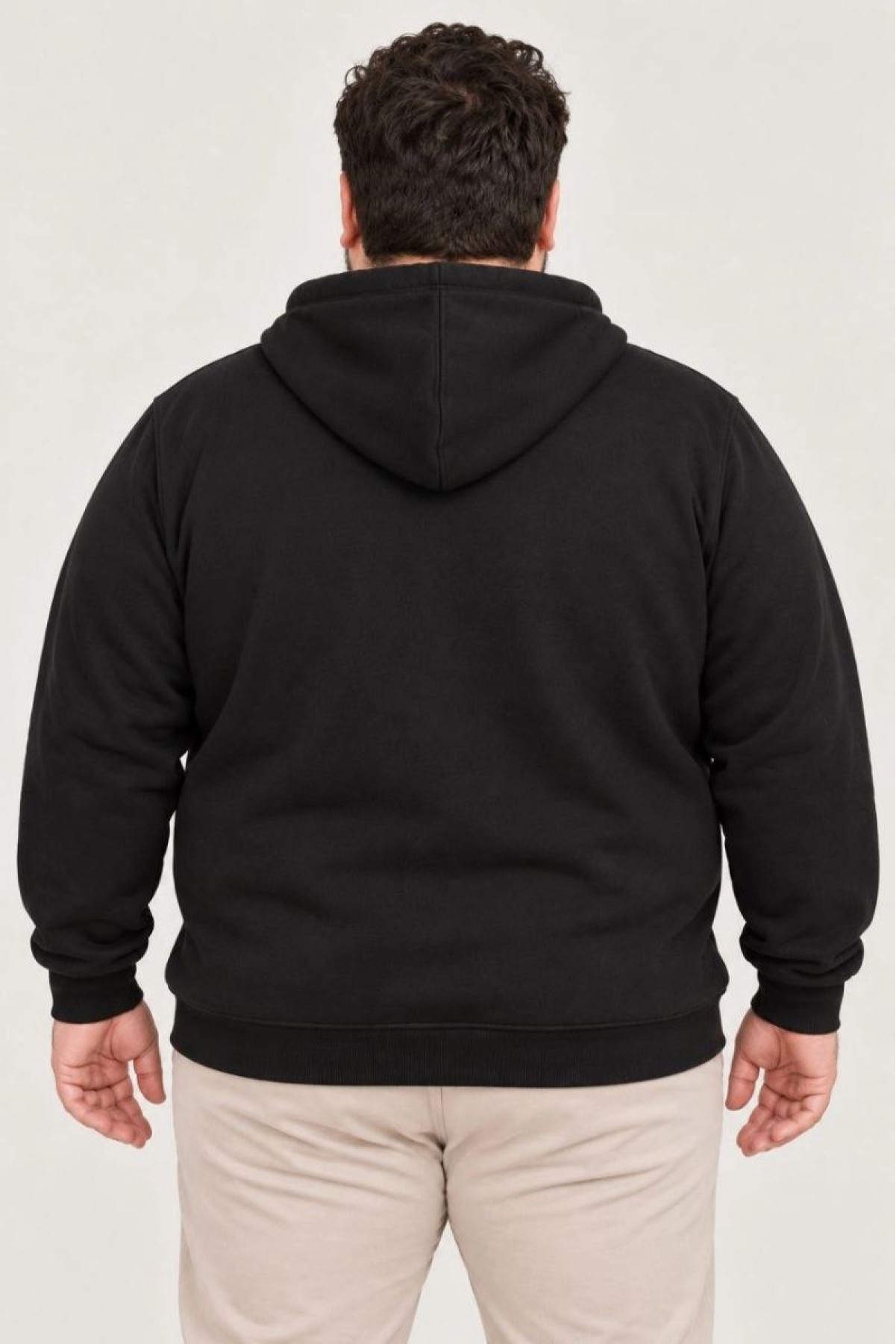 Erkek Battal Büyük Beden Üç İplik İçi Şardonlu Kapüşonlu Tam Fermuarlı Kışlık Sweatshirt - Siyah