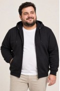 Erkek Battal Büyük Beden Üç İplik İçi Şardonlu Kapüşonlu Tam Fermuarlı Kışlık Sweatshirt - Siyah