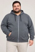 Erkek Battal Büyük Beden Üç İplik İçi Şardonlu Kapüşonlu Tam Fermuarlı Kışlık Sweatshirt - Füme