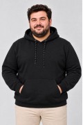 Erkek Battal Büyük Beden Üç İplik İçi Şardonlu Kapüşonlu Kanguru Cepli Kışlık Sweatshirt - Siyah