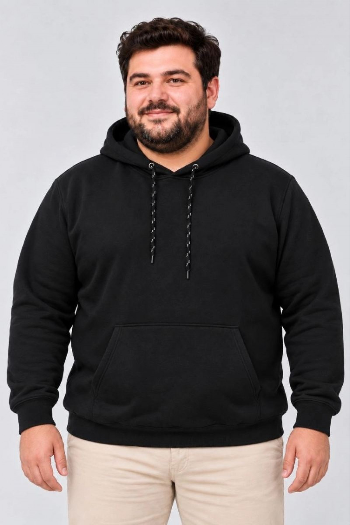 Erkek Battal Büyük Beden Üç İplik İçi Şardonlu Kapüşonlu Kanguru Cepli Kışlık Sweatshirt - Siyah