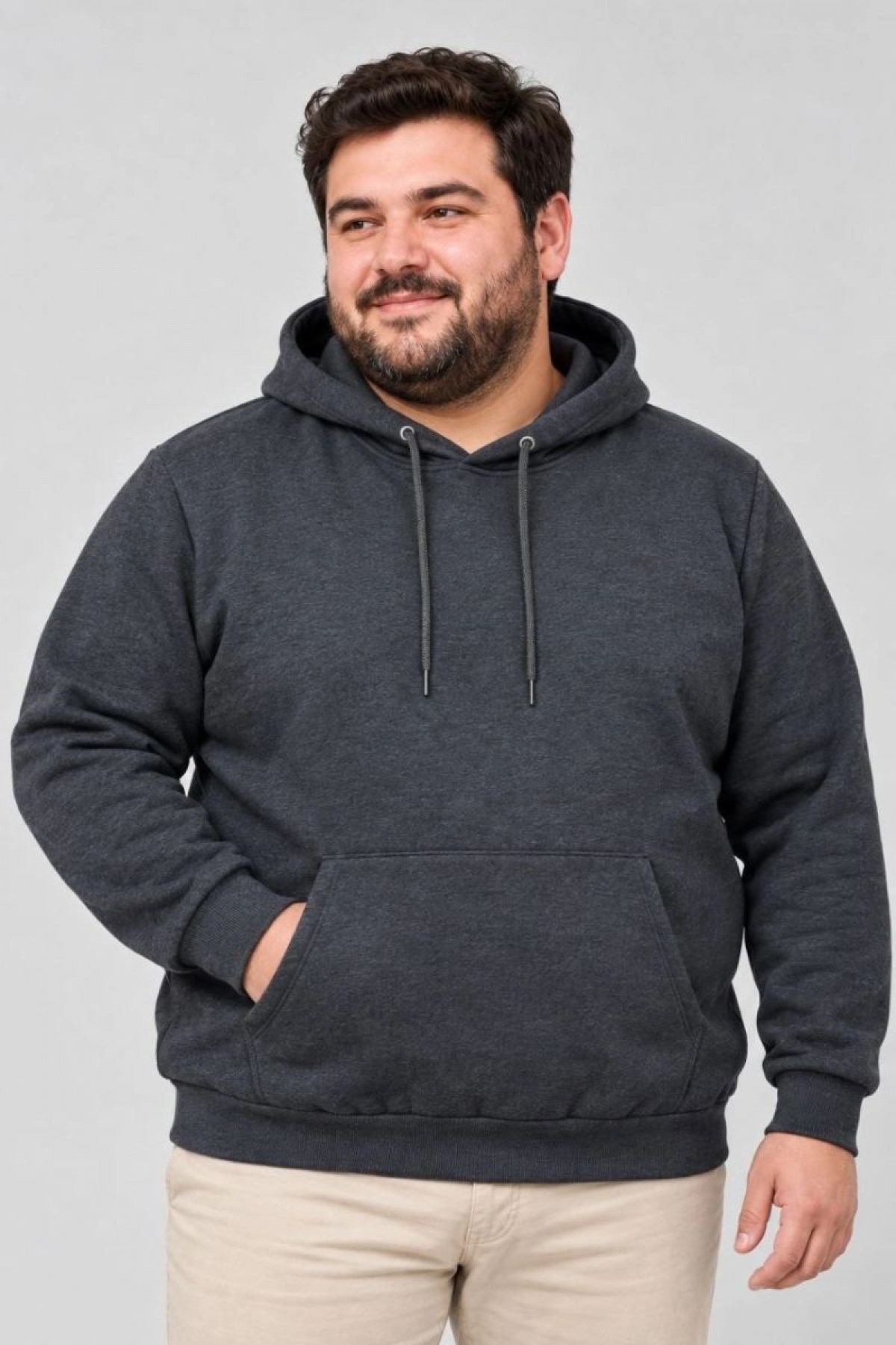 Erkek Battal Büyük Beden Üç İplik İçi Şardonlu Kapüşonlu Kanguru Cepli Kışlık Sweatshirt - Füme