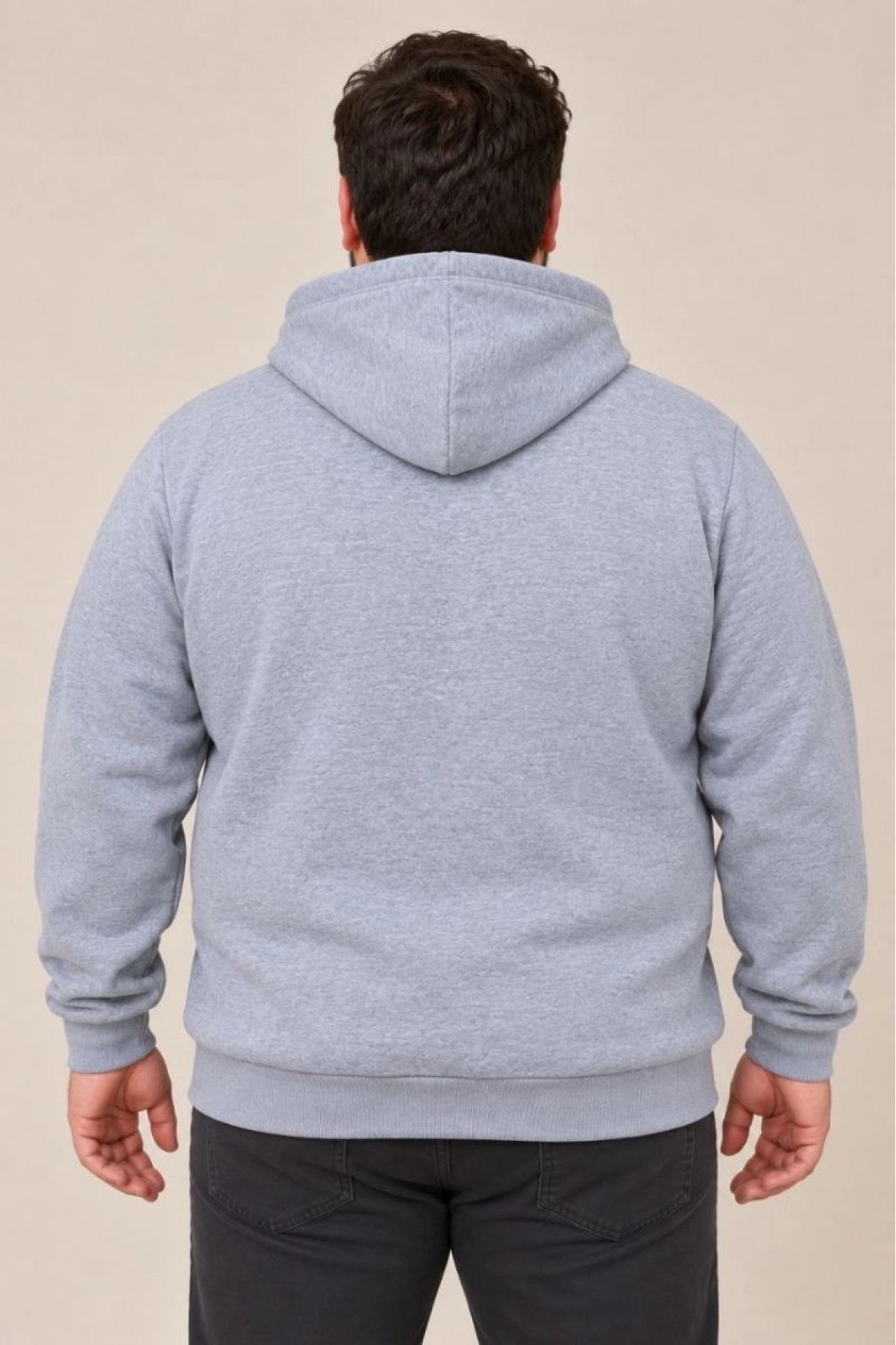 Erkek Battal Büyük Beden Üç İplik İçi Şardonlu Kapüşonlu Kanguru Cepli Kışlık Sweatshirt - Gri