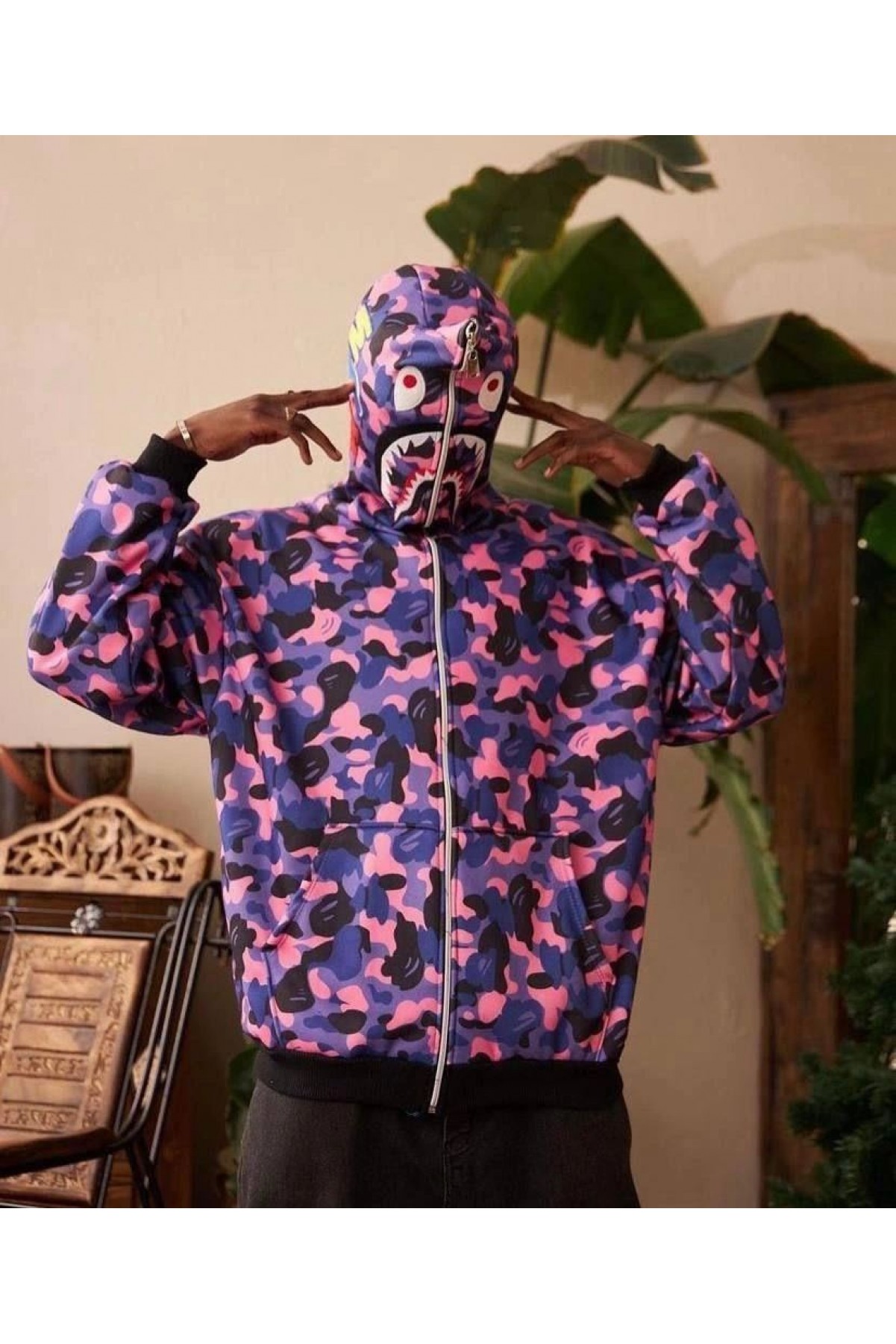 Unisex 2 İplik Bape Kapüşonu Fermuarlı Hırka - Mor