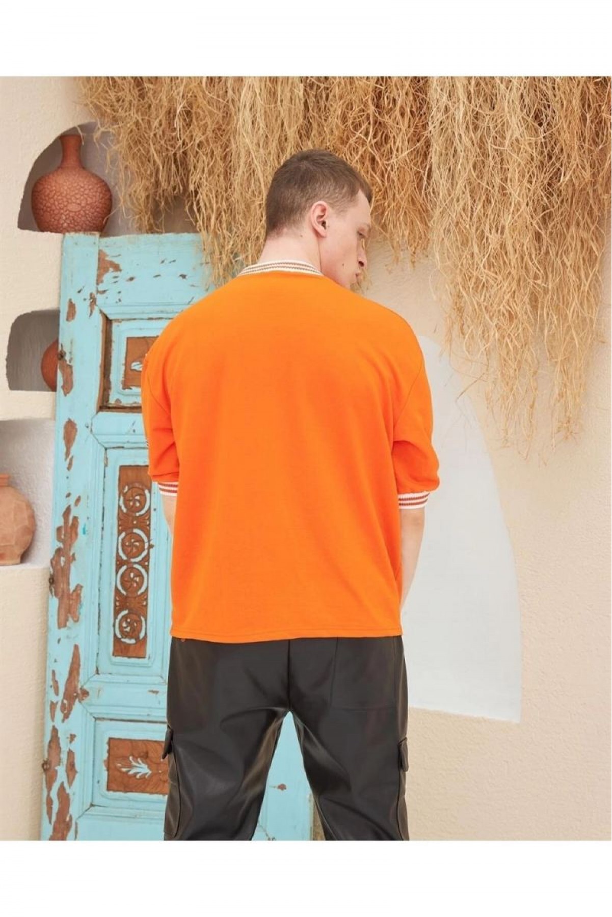 Erkek Bisiklet Yaka Tişört Nakış İşlemeli Kısa Kol Oversize T-Shirt - Turuncu