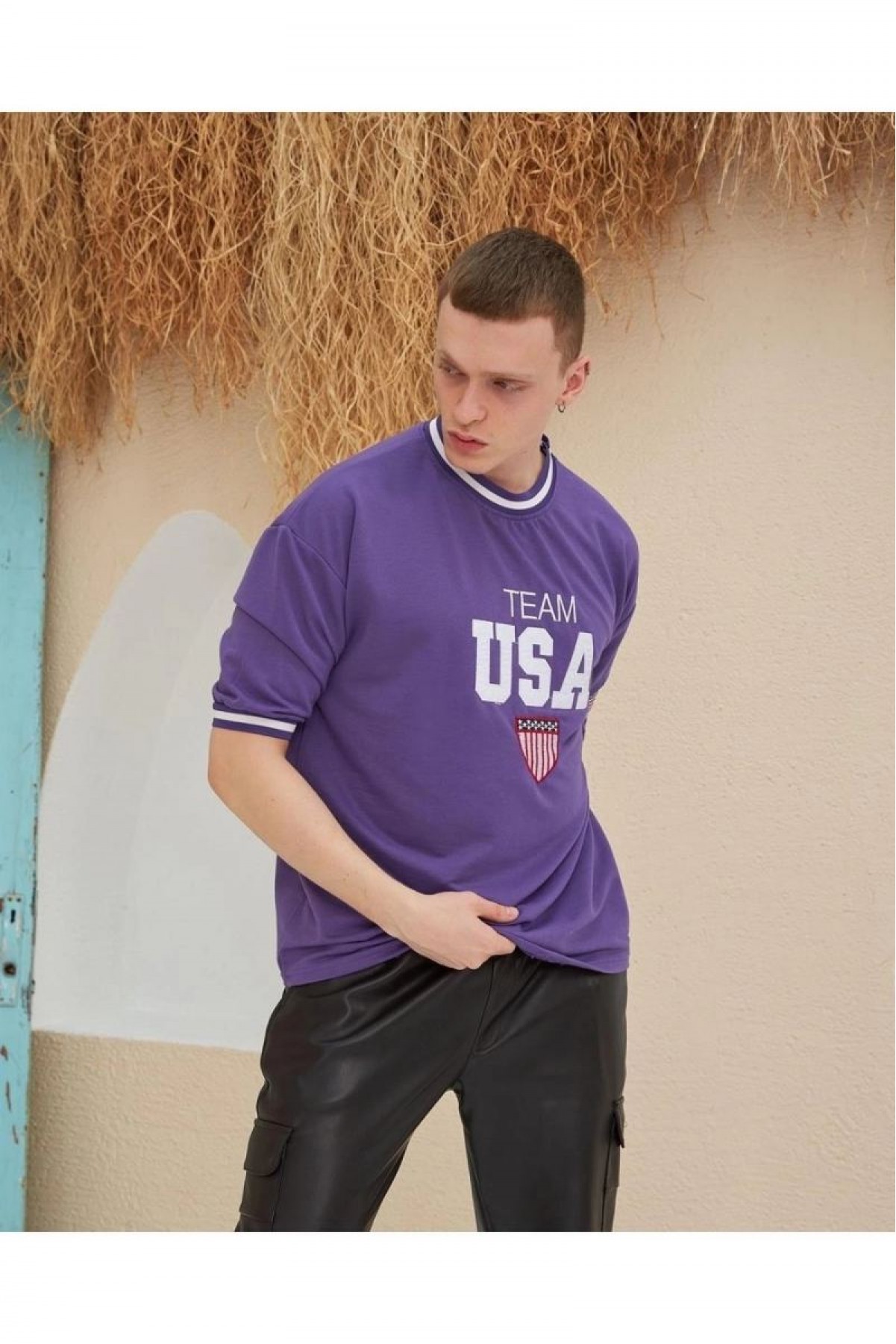 Erkek Bisiklet Yaka Tişört Nakış İşlemeli Kısa Kol Oversize T-Shirt - Mor