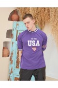 Erkek Bisiklet Yaka Tişört Nakış İşlemeli Kısa Kol Oversize T-Shirt - Mor