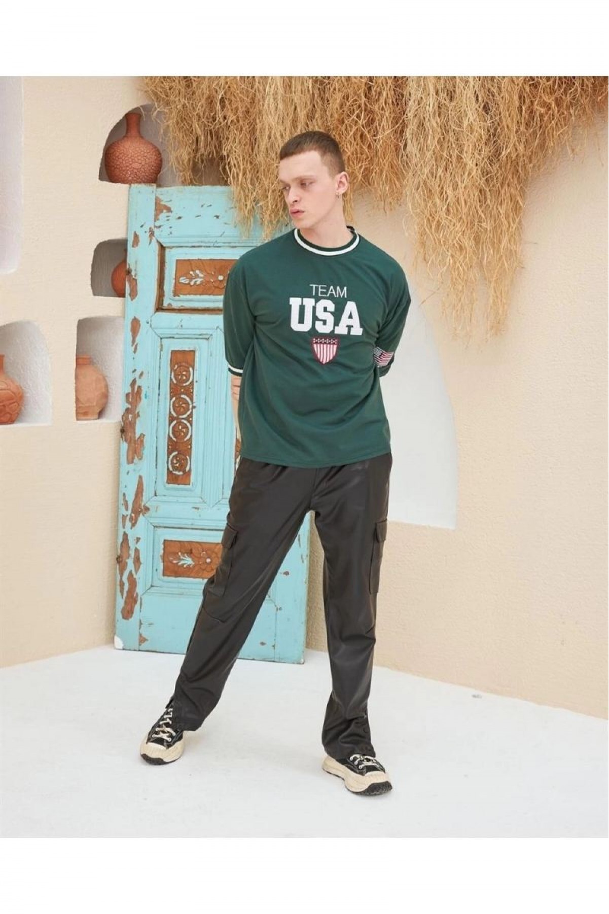Erkek Bisiklet Yaka Tişört Nakış İşlemeli Kısa Kol Oversize T-Shirt - Yeşil