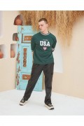 Erkek Bisiklet Yaka Tişört Nakış İşlemeli Kısa Kol Oversize T-Shirt - Yeşil
