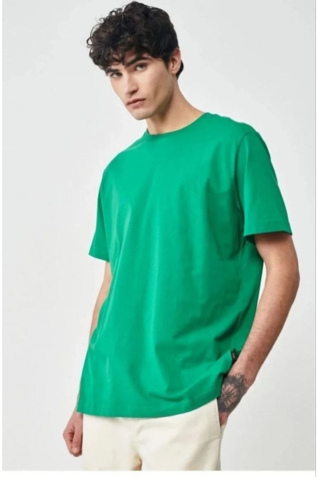 Erkek Düz Penye Tişört Bisiklet Yaka Kısa Kol Regular Fit T-Shirt - Yeşil