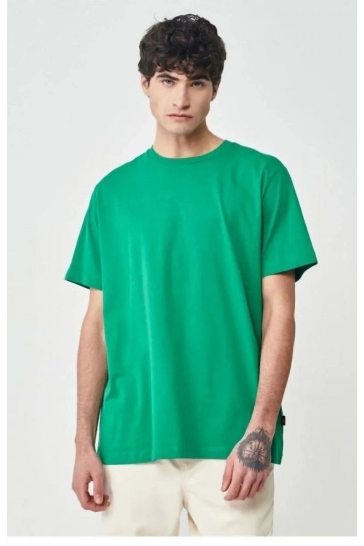 Erkek Düz Penye Tişört Bisiklet Yaka Kısa Kol Regular Fit T-Shirt - Yeşil
